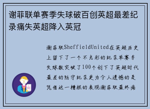 谢菲联单赛季失球破百创英超最差纪录痛失英超降入英冠 谢菲联单赛季失球破百创英超最差纪录痛失英超降入英冠